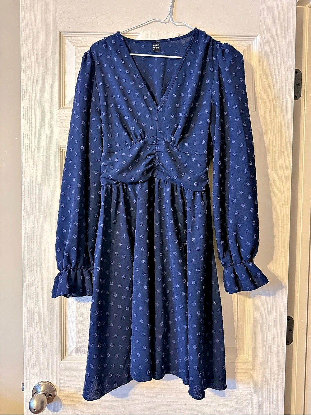 SHEIN V-Neck Ruched Bust Swiss Dot Dress Floral Long Sleeve Blue Medium